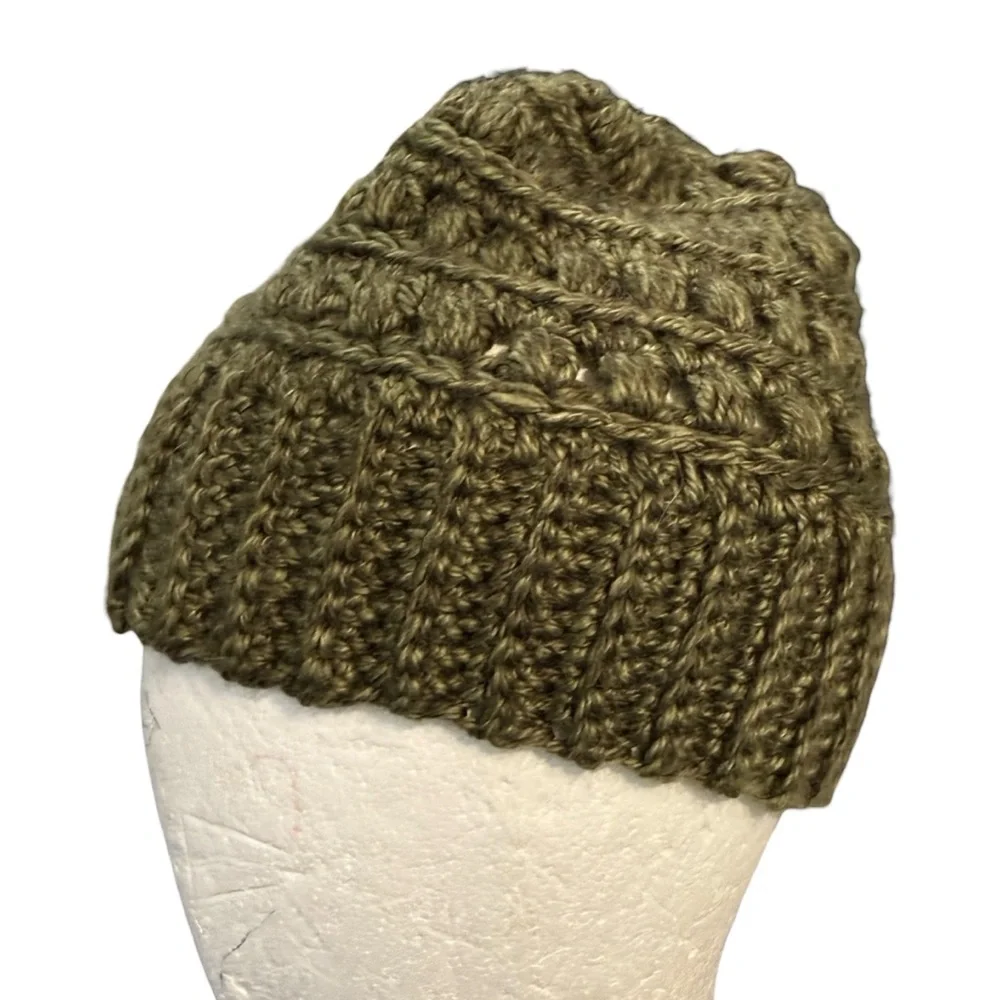 Chunky Crochet Knit Green Beanie Cottagecore Natural